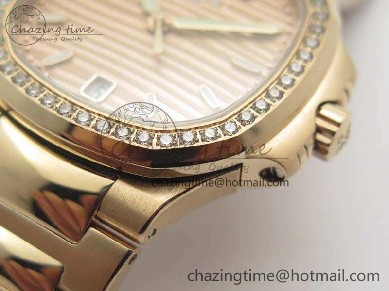 Nautilus Jumbo Ladies 7118 RG PF 1:1 Best Edition Gold Dial Diam Bezel On RG Bracelet A324 Clone WrinkleFree 9032