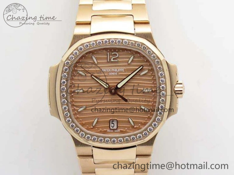 Nautilus Jumbo Ladies 7118 RG PF 1:1 Best Edition Gold Dial Diam Bezel On RG Bracelet A324 Clone WrinkleFree 9032