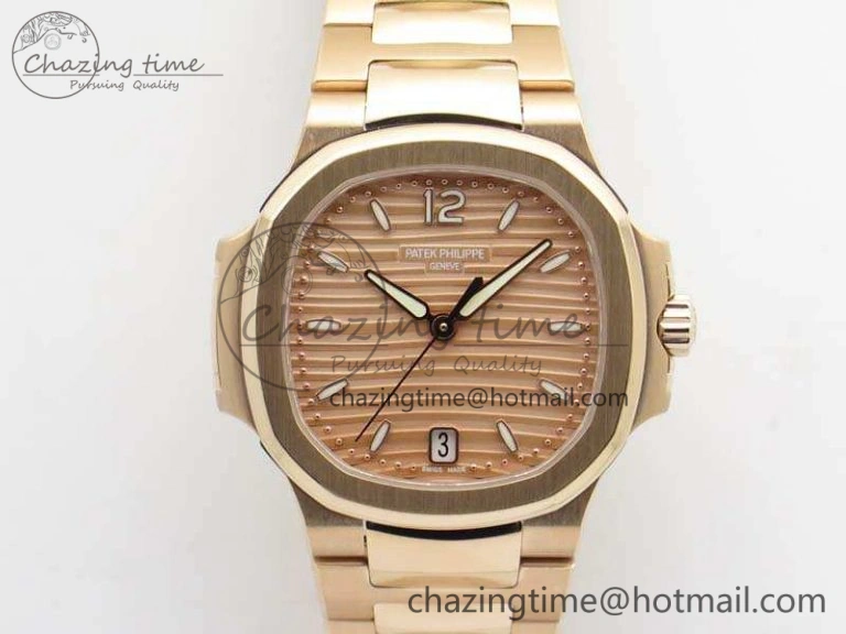Nautilus Jumbo Ladies 7118 RG PF 1:1 Best Edition Gold Textured Dial On RG Bracelet A324 Clone ZeroBulk 9033