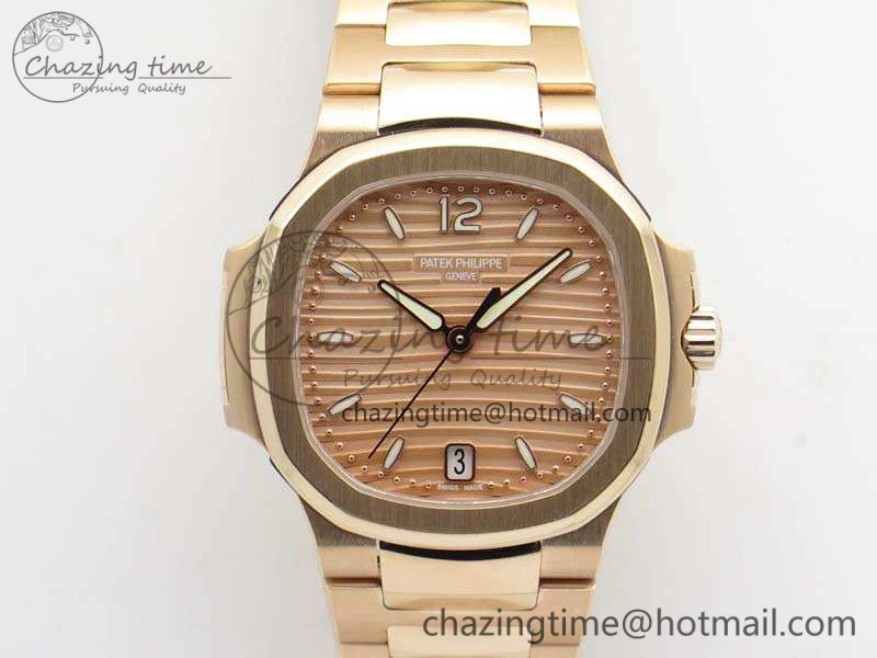 Nautilus Jumbo Ladies 7118 RG PF 1:1 Best Edition Gold Textured Dial On RG Bracelet A324 Clone ZeroBulk 9033