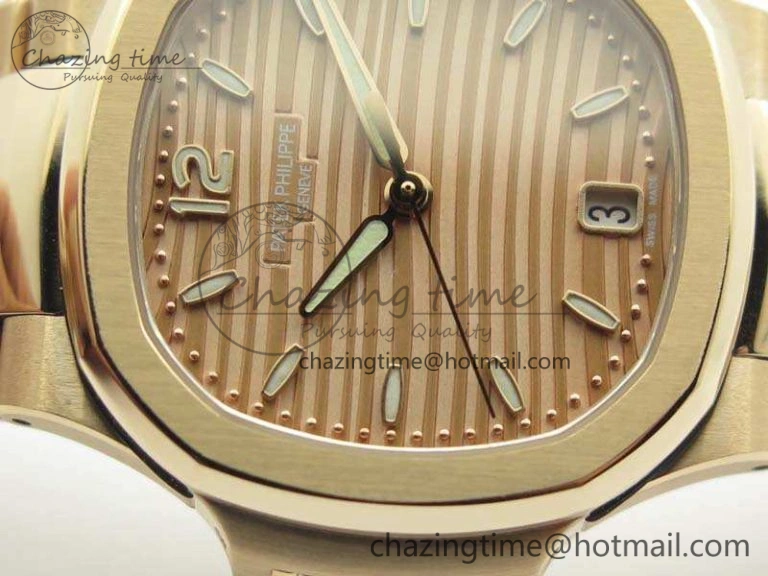 Nautilus Jumbo Ladies 7118 RG PF 1:1 Best Edition Gold Textured Dial On RG Bracelet A324 Clone ZeroBulk 9033