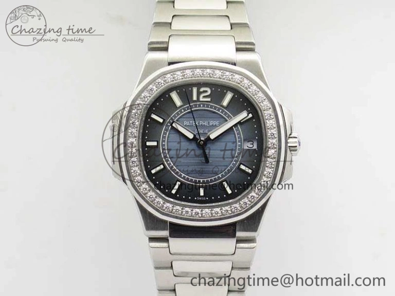 Versatile Nautilus Ladies 7011 SS JJF 1:1 Best Edition Diamond Bezel Blue Dial On SS Bracelet ETA Quartz 9040