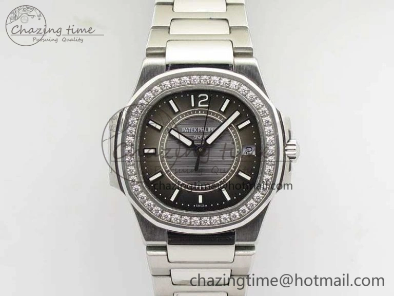 Nautilus Ladies 7011 SS JJF 1:1 Best Edition Diamond Bezel Gray Dial On SS Bracelet ETA Quartz ZeroBulk 9045