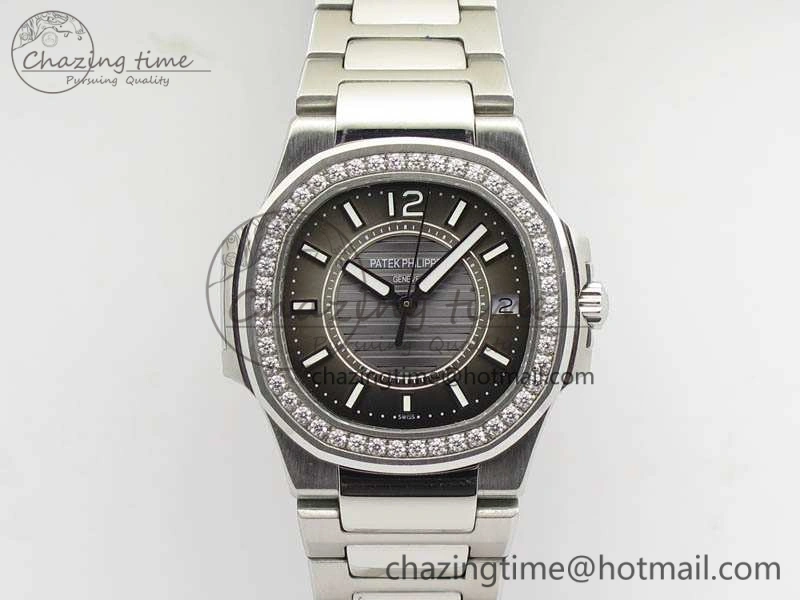 Nautilus Ladies 7011 SS JJF 1:1 Best Edition Diamond Bezel Gray Dial On SS Bracelet ETA Quartz ZeroBulk 9045