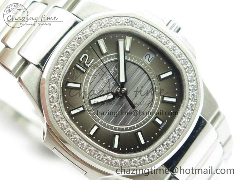 Nautilus Ladies 7011 SS JJF 1:1 Best Edition Diamond Bezel Gray Dial On SS Bracelet ETA Quartz ZeroBulk 9045
