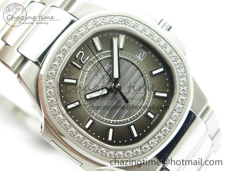 Nautilus Ladies 7011 SS JJF 1:1 Best Edition Diamond Bezel Gray Dial On SS Bracelet ETA Quartz ZeroBulk 9045