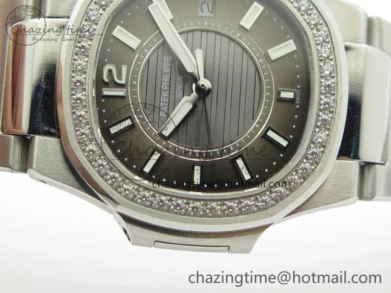 Nautilus Ladies 7011 SS JJF 1:1 Best Edition Diamond Bezel Gray Dial On SS Bracelet ETA Quartz ZeroBulk 9045