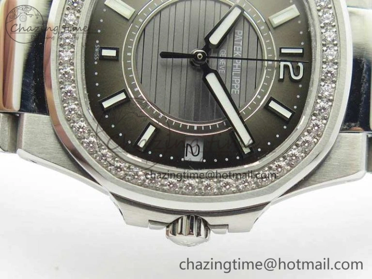 Nautilus Ladies 7011 SS JJF 1:1 Best Edition Diamond Bezel Gray Dial On SS Bracelet ETA Quartz ZeroBulk 9045