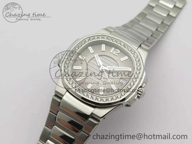 Nautilus Ladies 7011 SS JJF 1:1 Best Edition Diamond Bezel Gray Dial On SS Bracelet ETA Quartz ZeroBulk 9045