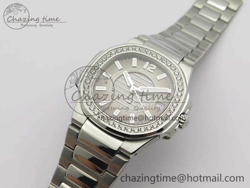 Nautilus Ladies 7011 SS JJF 1:1 Best Edition Diamond Bezel Gray Dial On SS Bracelet ETA Quartz ZeroBulk 9045