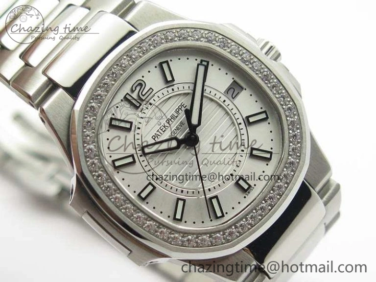 Nautilus Ladies 7011 SS JJF 1:1 Best Edition Diamond Bezel White Dial On SS Bracelet ETA Quartz SmoothTexture 9044