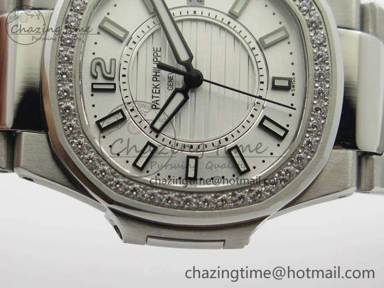 Nautilus Ladies 7011 SS JJF 1:1 Best Edition Diamond Bezel White Dial On SS Bracelet ETA Quartz SmoothTexture 9044