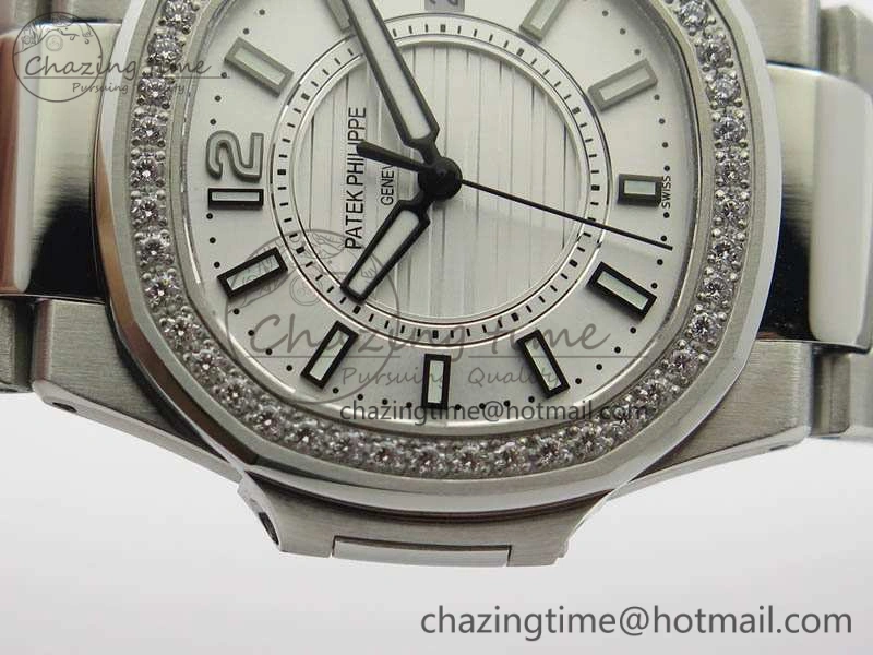 Nautilus Ladies 7011 SS JJF 1:1 Best Edition Diamond Bezel White Dial On SS Bracelet ETA Quartz SmoothTexture 9044