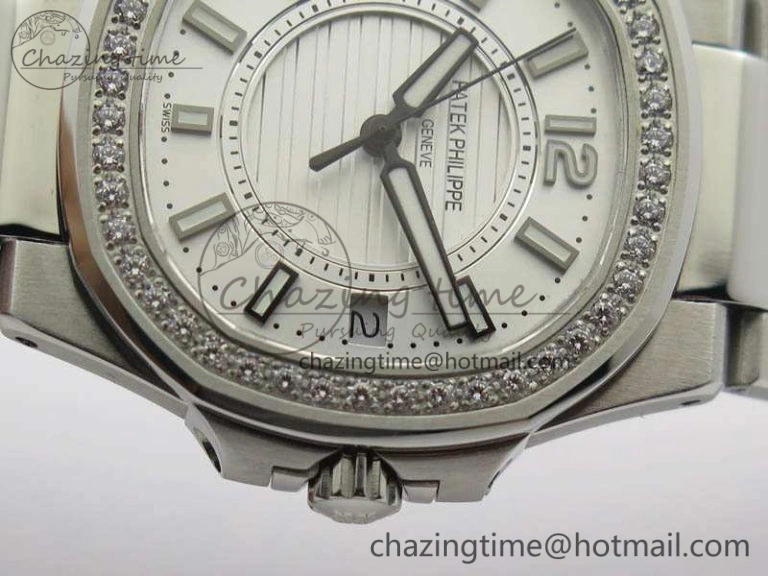 Nautilus Ladies 7011 SS JJF 1:1 Best Edition Diamond Bezel White Dial On SS Bracelet ETA Quartz SmoothTexture 9044
