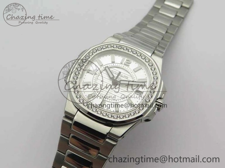 Nautilus Ladies 7011 SS JJF 1:1 Best Edition Diamond Bezel White Dial On SS Bracelet ETA Quartz SmoothTexture 9044