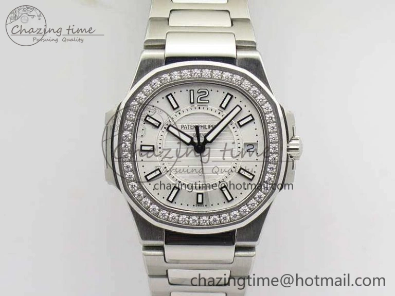 Nautilus Ladies 7011 SS JJF 1:1 Best Edition Diamond Bezel White Dial On SS Bracelet ETA Quartz SmoothTexture 9044