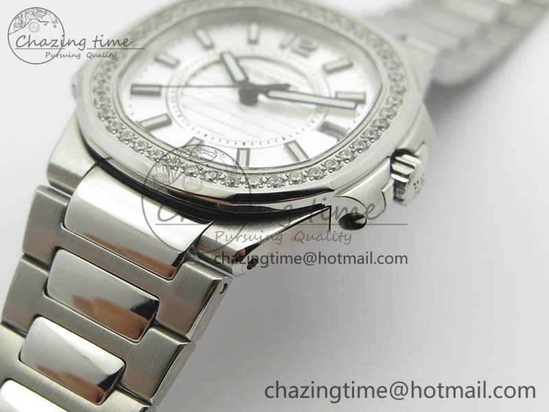 Nautilus Ladies 7011 SS JJF 1:1 Best Edition Diamond Bezel White Dial On SS Bracelet ETA Quartz SmoothTexture 9044