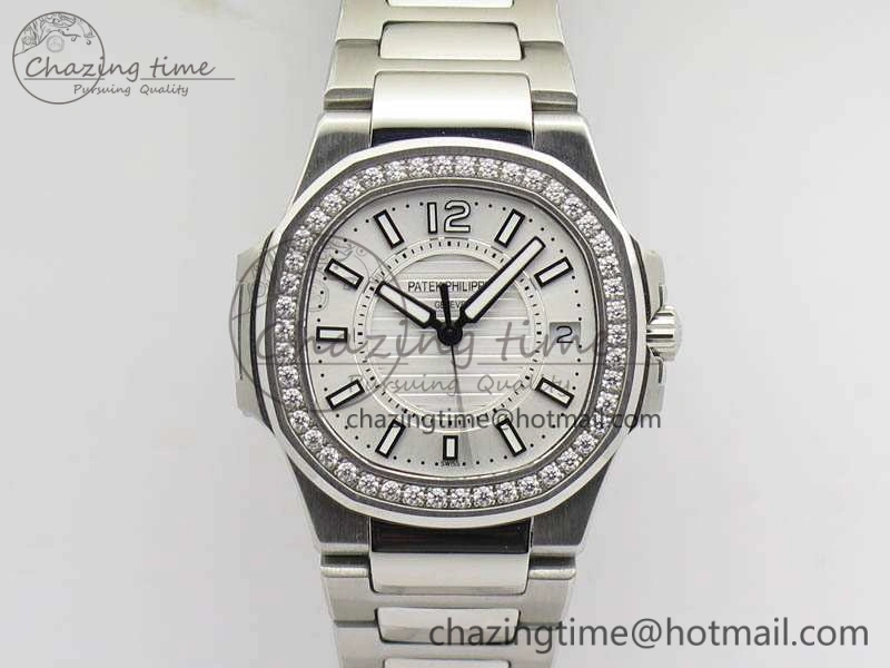 Nautilus Ladies 7011 SS JJF 1:1 Best Edition Diamond Bezel White Dial On SS Bracelet ETA Quartz SmoothTexture 9044