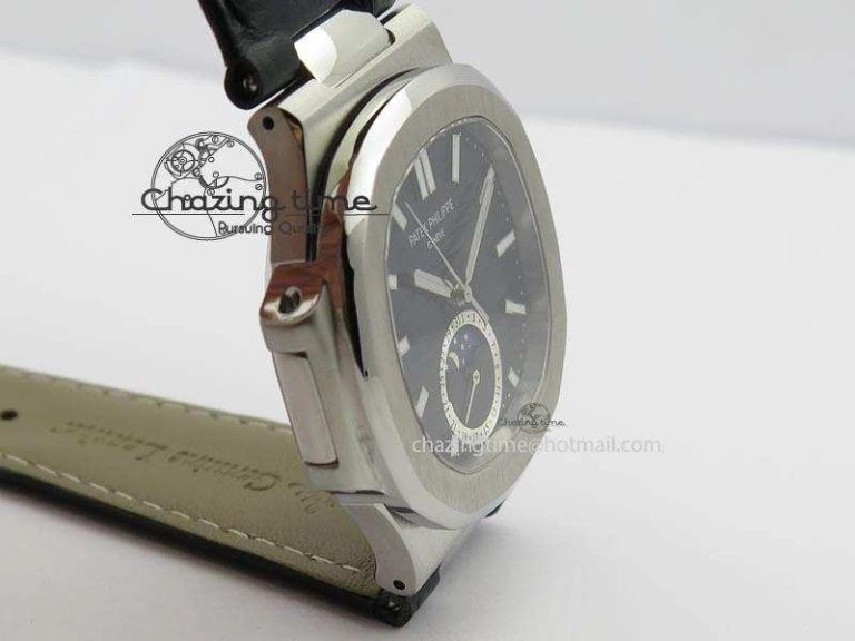 Nautilus Moonphase SS Black Dial On Black Leather Strap MIYOTA 9015 PP324CS Reliable 9084