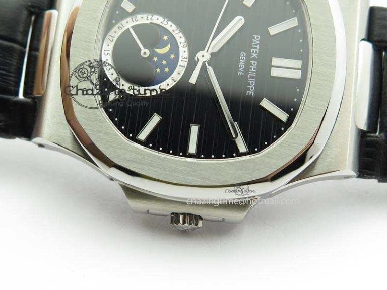 Nautilus Moonphase SS Black Dial On Black Leather Strap MIYOTA 9015 PP324CS Reliable 9084