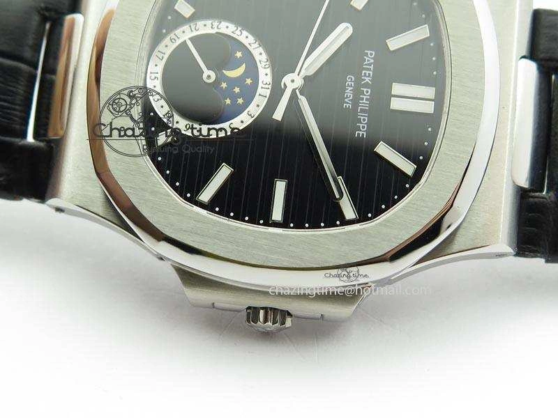 Nautilus Moonphase SS Black Dial On Black Leather Strap MIYOTA 9015 PP324CS Reliable 9084