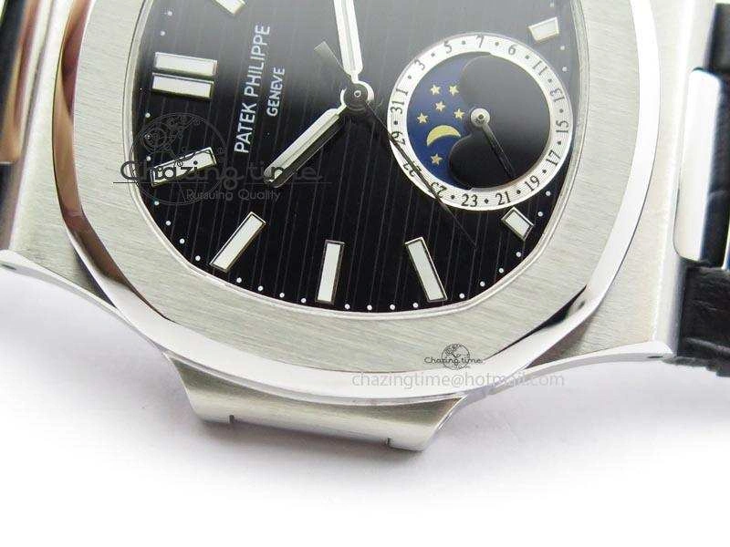 Nautilus Moonphase SS Black Dial On Black Leather Strap MIYOTA 9015 PP324CS Reliable 9084
