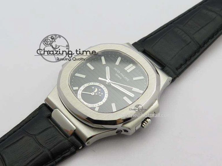Nautilus Moonphase SS Black Dial On Black Leather Strap MIYOTA 9015 PP324CS Reliable 9084