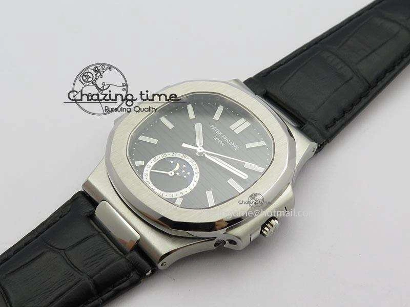 Nautilus Moonphase SS Black Dial On Black Leather Strap MIYOTA 9015 PP324CS Reliable 9084