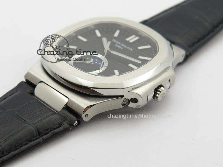 Nautilus Moonphase SS Black Dial On Black Leather Strap MIYOTA 9015 PP324CS Reliable 9084