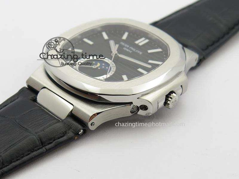 Nautilus Moonphase SS Black Dial On Black Leather Strap MIYOTA 9015 PP324CS Reliable 9084