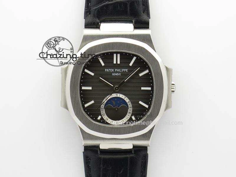 Unique Nautilus Moonphase SS Gray Dial On Black Leather Strap MIYOTA 9015 PP324CS 9087