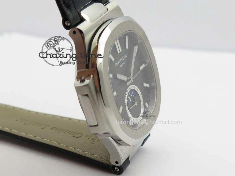 Unique Nautilus Moonphase SS Gray Dial On Black Leather Strap MIYOTA 9015 PP324CS 9087