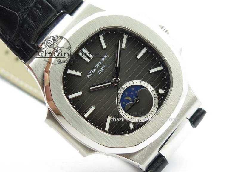 Unique Nautilus Moonphase SS Gray Dial On Black Leather Strap MIYOTA 9015 PP324CS 9087