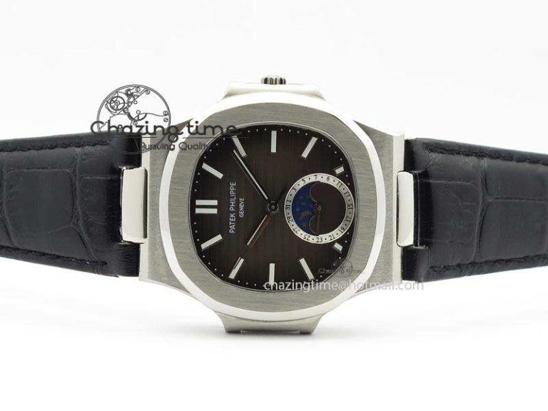 Unique Nautilus Moonphase SS Gray Dial On Black Leather Strap MIYOTA 9015 PP324CS 9087