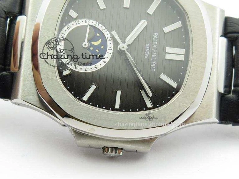 Unique Nautilus Moonphase SS Gray Dial On Black Leather Strap MIYOTA 9015 PP324CS 9087
