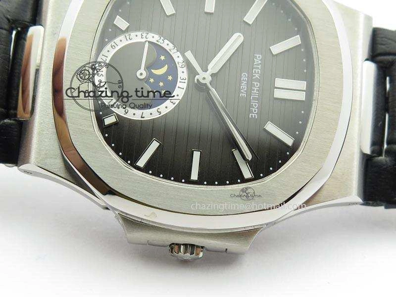 Unique Nautilus Moonphase SS Gray Dial On Black Leather Strap MIYOTA 9015 PP324CS 9087