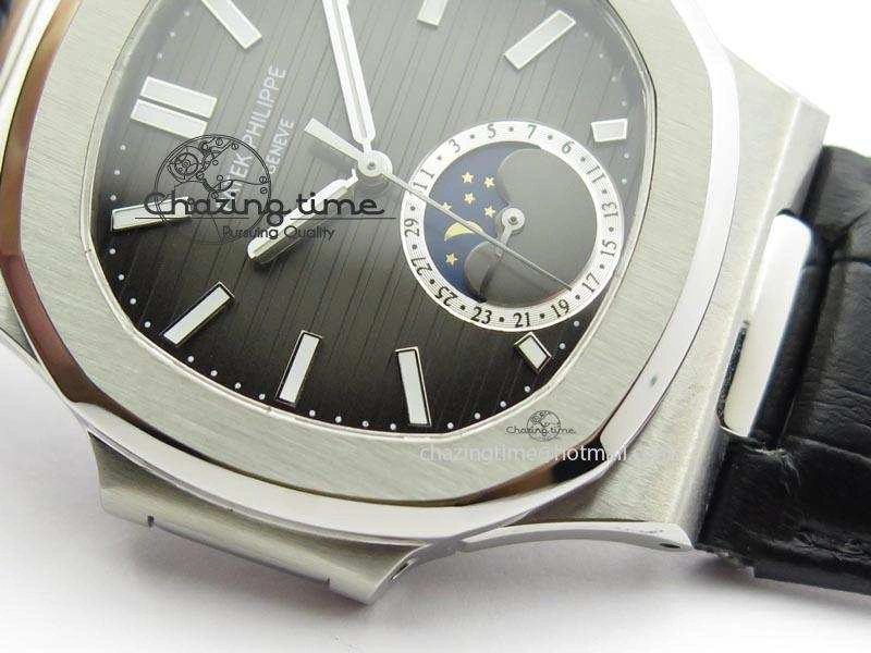 Unique Nautilus Moonphase SS Gray Dial On Black Leather Strap MIYOTA 9015 PP324CS 9087