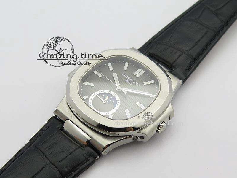 Unique Nautilus Moonphase SS Gray Dial On Black Leather Strap MIYOTA 9015 PP324CS 9087