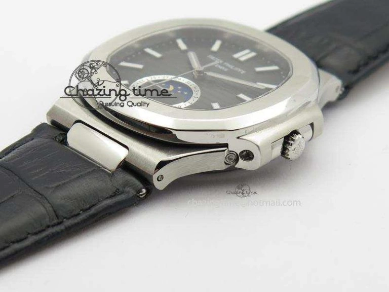 Unique Nautilus Moonphase SS Gray Dial On Black Leather Strap MIYOTA 9015 PP324CS 9087