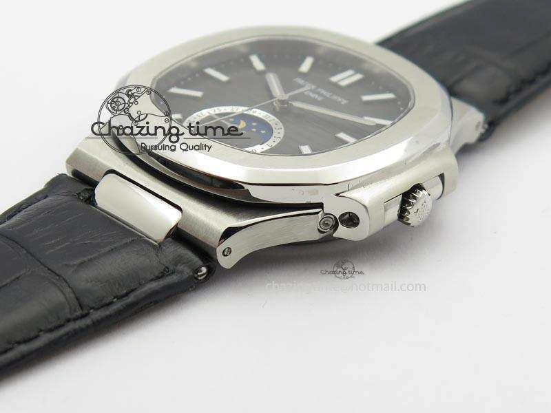 Unique Nautilus Moonphase SS Gray Dial On Black Leather Strap MIYOTA 9015 PP324CS 9087