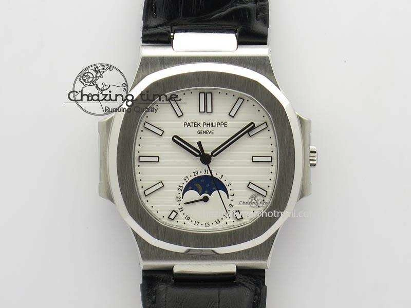 WaterResistant Nautilus Moonphase SS White Dial On Black Leather Strap MIYOTA 9015 PP324CS 9083