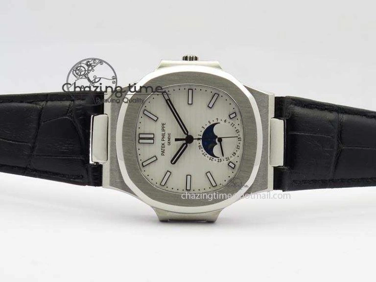 WaterResistant Nautilus Moonphase SS White Dial On Black Leather Strap MIYOTA 9015 PP324CS 9083