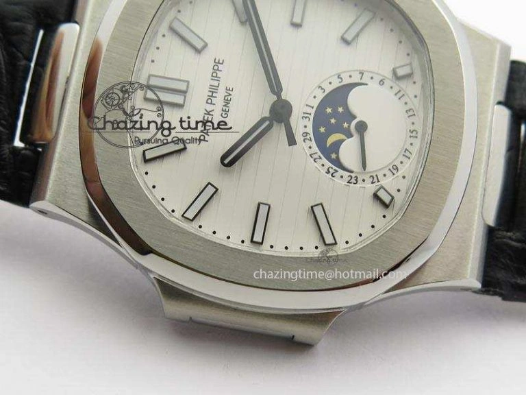 WaterResistant Nautilus Moonphase SS White Dial On Black Leather Strap MIYOTA 9015 PP324CS 9083