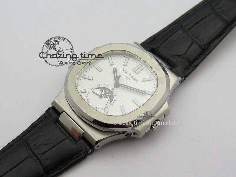 WaterResistant Nautilus Moonphase SS White Dial On Black Leather Strap MIYOTA 9015 PP324CS 9083