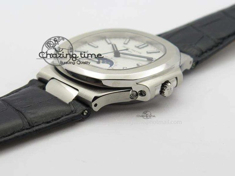 WaterResistant Nautilus Moonphase SS White Dial On Black Leather Strap MIYOTA 9015 PP324CS 9083