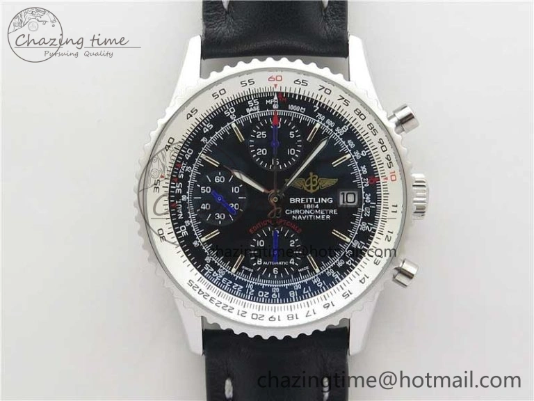OnTrend Navitimer 1 41mm SS B50 Black Dial on Black Leather Strap A 5543