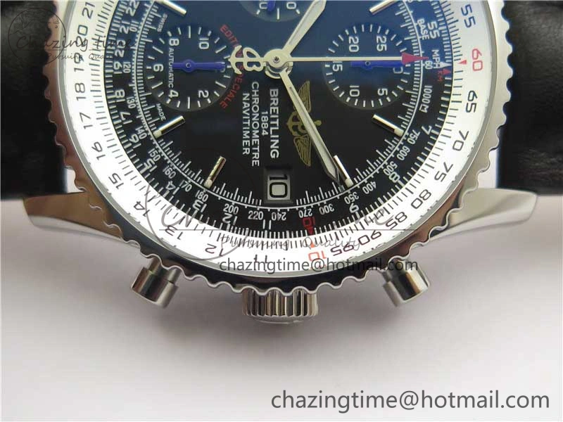OnTrend Navitimer 1 41mm SS B50 Black Dial on Black Leather Strap A 5543