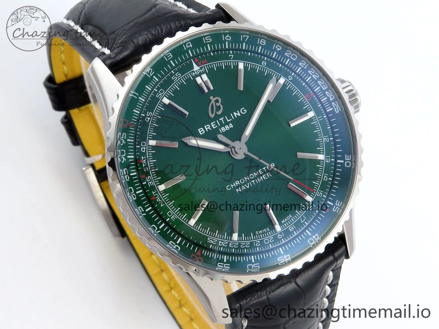Navitimer 1 SS 41mm TF 1:1 Best Edition Green Bezel Green Dial on Black Leather Strap A FashionForward 5476