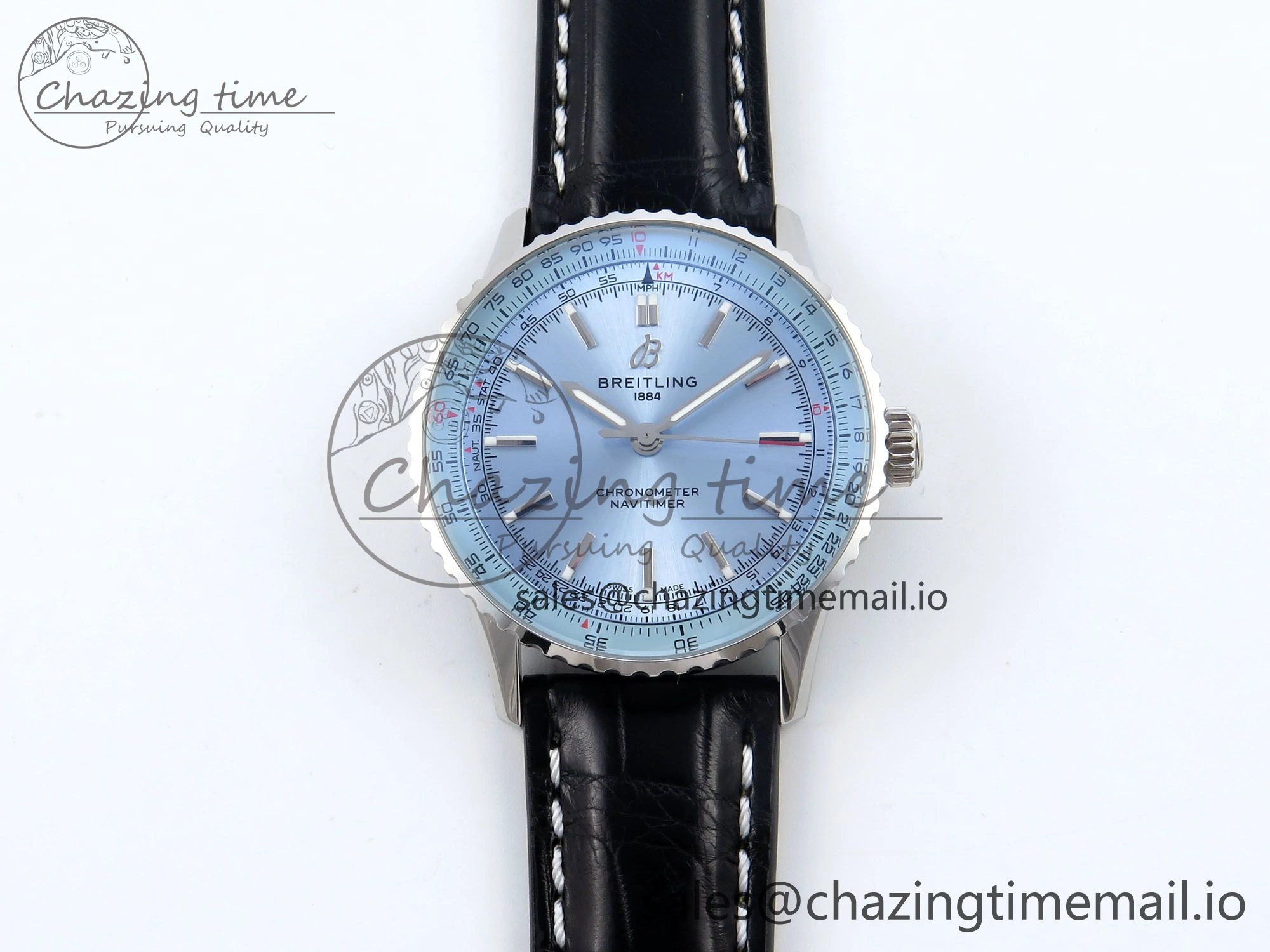Bright Navitimer 1 SS 41mm TF 1:1 Best Edition Ice Blue Bezel Ice Blue Dial on Black Leather Strap A 5474