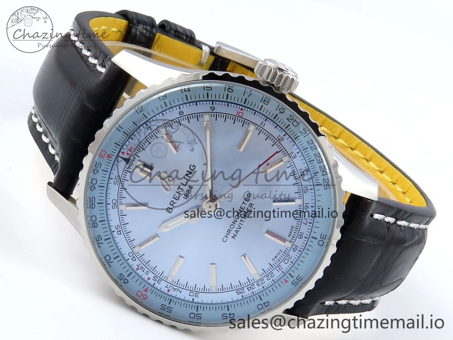 Bright Navitimer 1 SS 41mm TF 1:1 Best Edition Ice Blue Bezel Ice Blue Dial on Black Leather Strap A 5474